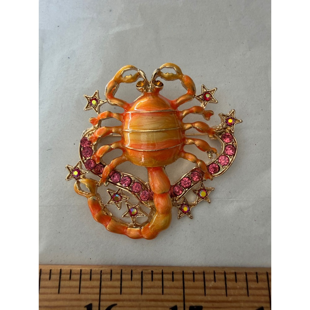 Gold Tone Orange Enamel Scorpion Brooch Pink Rhinestone Celestial Star Pin - Picture 1 of 5